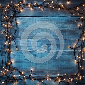 Christmas Light on Blue Wooden Background Top View with Copyspace. Garland Lights on Vintage Wood