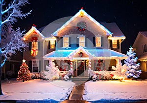 A Christmas Light Display On A House, In A Snowy Night. Generative AI