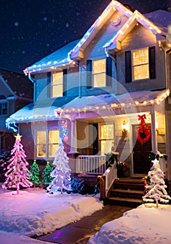 A Christmas Light Display On A House, In A Snowy Night. Generative AI