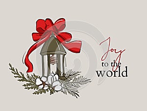Christmas light greeting card with Calligraphic Season Wishes - Joy to the world and Composition of Festive Elements