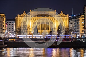 Christmas light trams on Danube bank in Budapest.