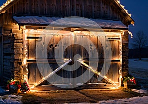 Christmas Lights Around An Old Barn Door, In A Rural Night Setting. Generative AI