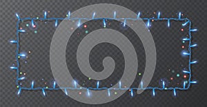 Christmas lights border, light string frame, square frame isolated on dark background with copy space. Glowing Blue lights for