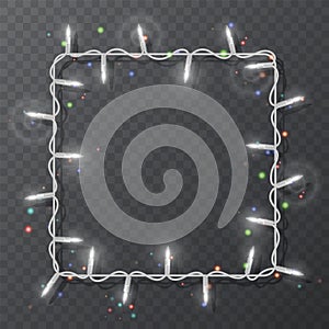 Christmas lights border vector, light string frame isolated on dark background with copy space. Glowing White lights for Xmas