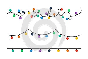 Christmas lights bulbs. Colorful christmas lights bulbs isolated on white background. Color garlands. Lights bulbs in simple trend photo