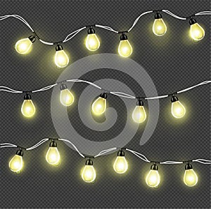 Christmas lights for cards, banners, posters, web design. Set of golden xmas glowing garland Led neon lamp Vector