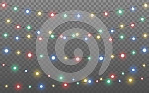 Christmas lights. Color bulbs on transparent background. Bright Xmas decoration. Colorful garland collection for website