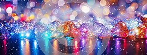 Christmas lights on a colorful background with bokeh effect. New Year and Christmas background