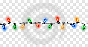 Christmas Lights. Colorful Christmas frame with light bulb. Christmas lights decorative garland. Multicolored Garland Lamp Bulbs