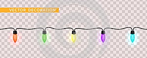 Christmas Lights. Colorful Xmas Garland. Red, green, yellow, purple and blue glow light bulbs on wire string isolated on checkered