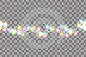 Christmas lights. Colorful Xmas garland. Vector red, yellow, blue and green glow light bulbs on wire strings isolated