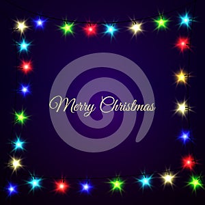 Christmas Lights on dark background. Frame with text.