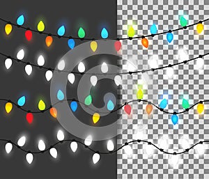 Christmas lights festive decorations. New Year`s neon garland background. Vector illustration