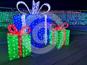 Christmas lights gift box, illuminated presents at night