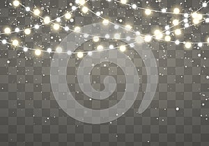 Christmas lights with glittering falling snowflakes isolated on transparent background. Xmas glowing garland.