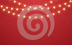 Christmas lights. Gold garlands on red background. Bright luminous decoration for website, banner, poster. Festive