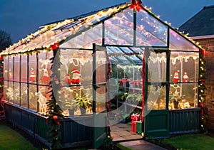 Christmas Lights On A Greenhouse, With A Glimpse Of Festive Plants Inside. Generative AI