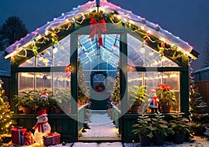Christmas Lights On A Greenhouse, With A Glimpse Of Festive Plants Inside. Generative AI