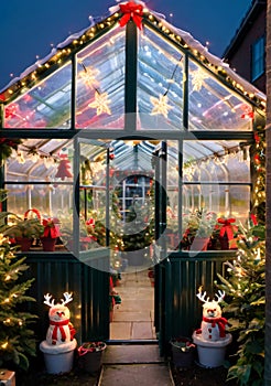 Christmas Lights On A Greenhouse, With A Glimpse Of Festive Plants Inside. Generative AI