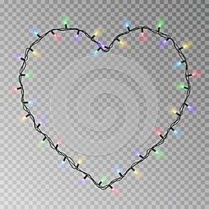 Christmas lights heart vector. Transparent light garland isolated on transparent background. Realist