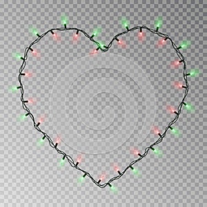 Christmas lights heart vector. Transparent light garland isolated on transparent background. Realist