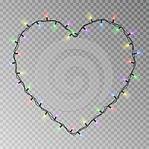 Christmas lights heart vector. Transparent light garland isolated on transparent background. Realist