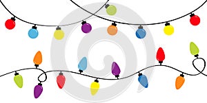 Christmas lights. Holiday festive xmas decoration. Colorful string fairy light set. Lightbulb glowing garland. Rainbow color. Flat