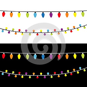 Christmas lights. Holiday festive xmas decoration. Lightbulb glowing garland. Colorful string fairy light set. Rainbow color. Flat
