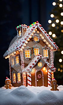 Christmas Lights Illuminating A Gingerbread House, Night, Indoor, Front View. Generative AI