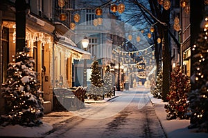Christmas lights illuminating a winter landscape or city street at night.