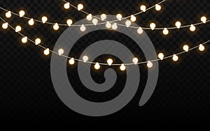 Christmas lights isolated on dark backdrop. Realistic light bulbs. Glowing wire with bright lights. Party garland with