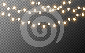 Christmas lights isolated. Glowing yellow garlands. Bright luminous elements. Light bulbs for banner, poster, card or