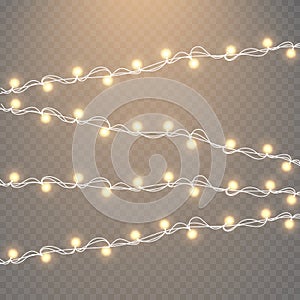 Christmas lights isolated on transparent background. Set of golden xmas glowing garland. Vector illustration