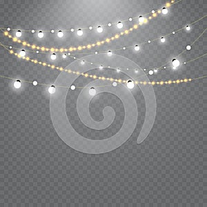 Christmas lights isolated on transparent background. Set of golden xmas glowing garland. Vector illustration