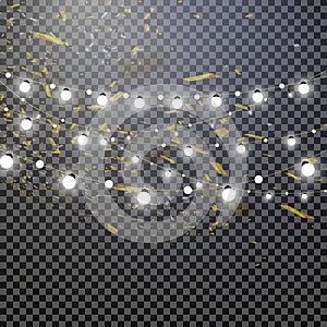 Christmas lights isolated on transparent background. Set of golden xmas glowing garland. Vector illustration