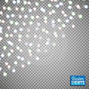 Christmas lights isolated on transparent background. Set of golden xmas glowing garland. Vector illustration