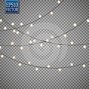 Christmas lights isolated on transparent background. Set of golden xmas glowing garland. Vector illustration