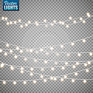 Christmas lights isolated on transparent background. Set of golden xmas glowing garland. Vector illustration