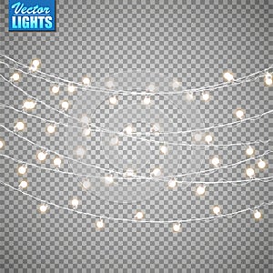 Christmas lights isolated on transparent background. Set of golden xmas glowing garland. Vector illustration