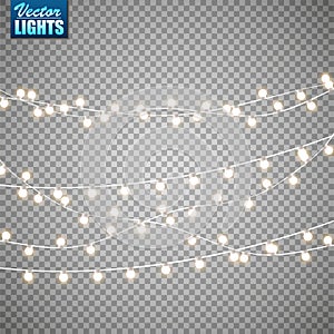 Christmas lights isolated on transparent background. Set of golden xmas glowing garland. Vector illustration