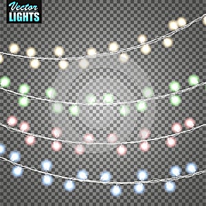 Christmas lights isolated on transparent background. Set of golden xmas glowing garland. Vector illustration