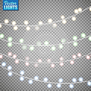 Christmas lights isolated on transparent background. Set of golden xmas glowing garland. Vector illustration