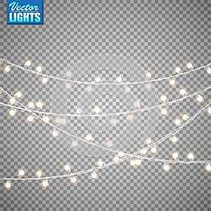 Christmas lights isolated on transparent background. Set of golden xmas glowing garland. Vector illustration