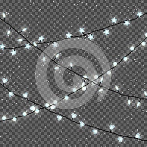 Christmas lights isolated on transparent background. Set of realistic Xmas glowing garland and falling snow. Vector