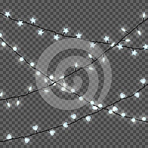Christmas lights isolated on transparent background. Set of realistic Xmas glowing garland. Vector