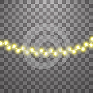 Christmas lights isolated on transparent background. Set of yellow xmas glowing garland. Vector illustration