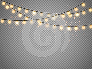 Christmas lights isolated on transparent background. Vector xmas glowing garland.