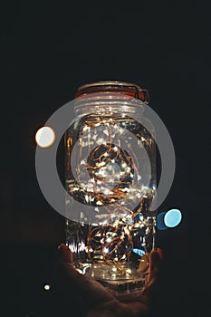 Christmas Lights in Jar at Night