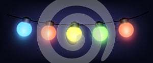 Christmas lights. Multi-colored light bulbs isolated on a dark background. Christmas tree garland, vector illustration
