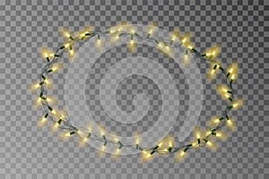 Christmas lights oval border vector, light string frame isolated on background with copy space. Transparent decorative garland.